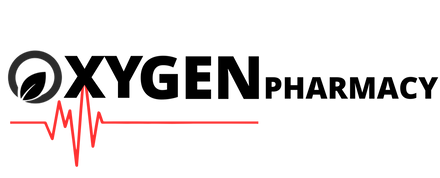 Logo of Oxygen Pharmacy with a black and red design on a white background