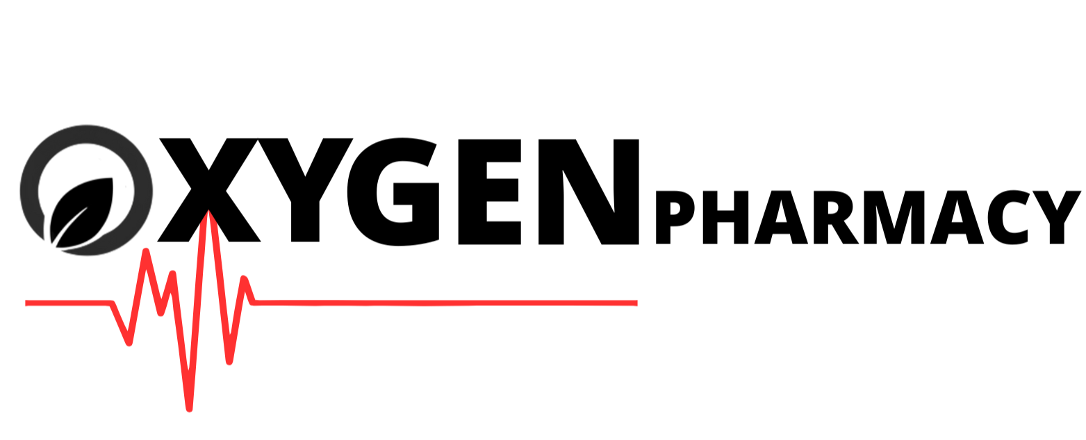 Logo of Oxygen Pharmacy with a black and red design on a white background